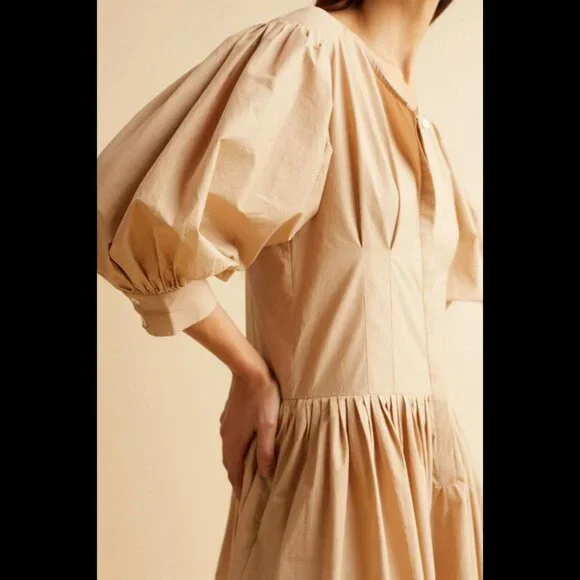 Merlette Montague Solid Midi Dress Cotton Resort Sandstone Beige XS New